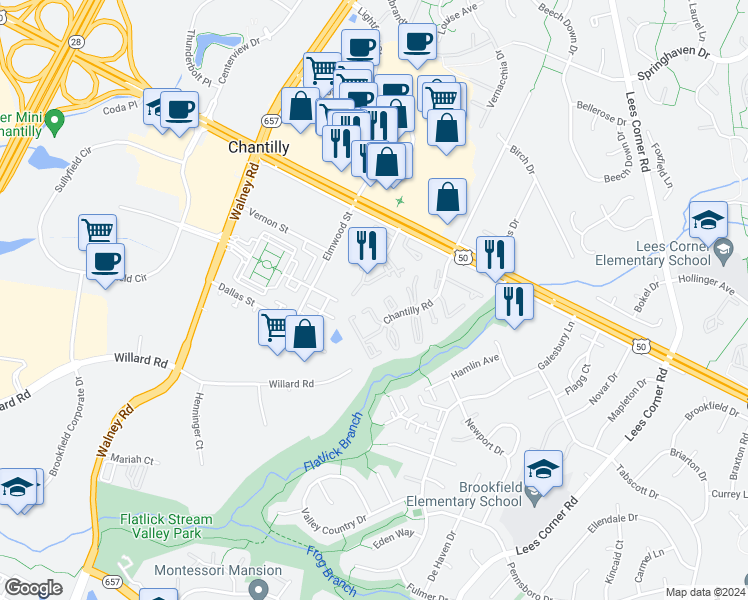 map of restaurants, bars, coffee shops, grocery stores, and more near 4073 Weeping Willow Court in Chantilly