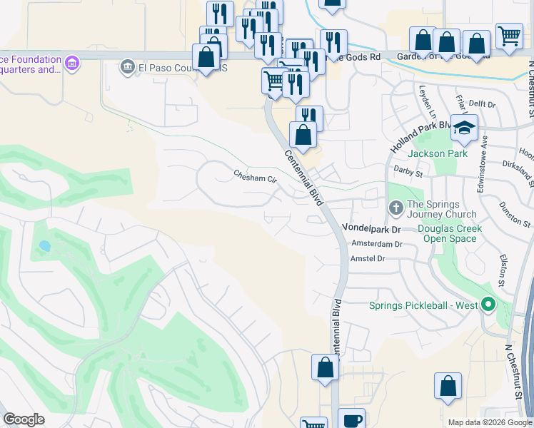 map of restaurants, bars, coffee shops, grocery stores, and more near 1521 Shane Circle in Colorado Springs