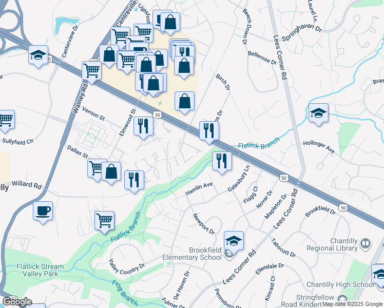 map of restaurants, bars, coffee shops, grocery stores, and more near 13702 Flowing Brook Court in Chantilly