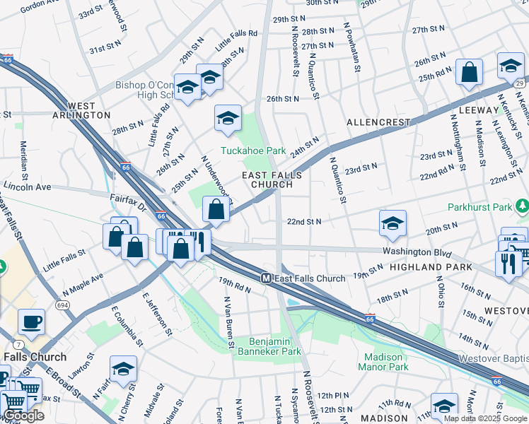 map of restaurants, bars, coffee shops, grocery stores, and more near 6704 Langston Boulevard in Arlington