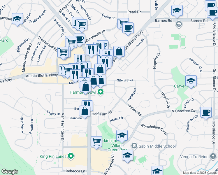 map of restaurants, bars, coffee shops, grocery stores, and more near 3940 Harmony Drive in Colorado Springs