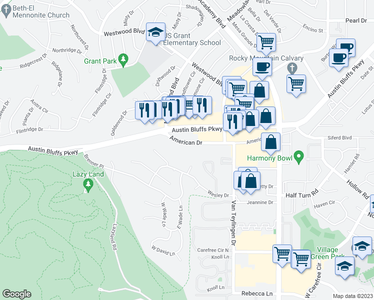 map of restaurants, bars, coffee shops, grocery stores, and more near 3475 American Drive in Colorado Springs