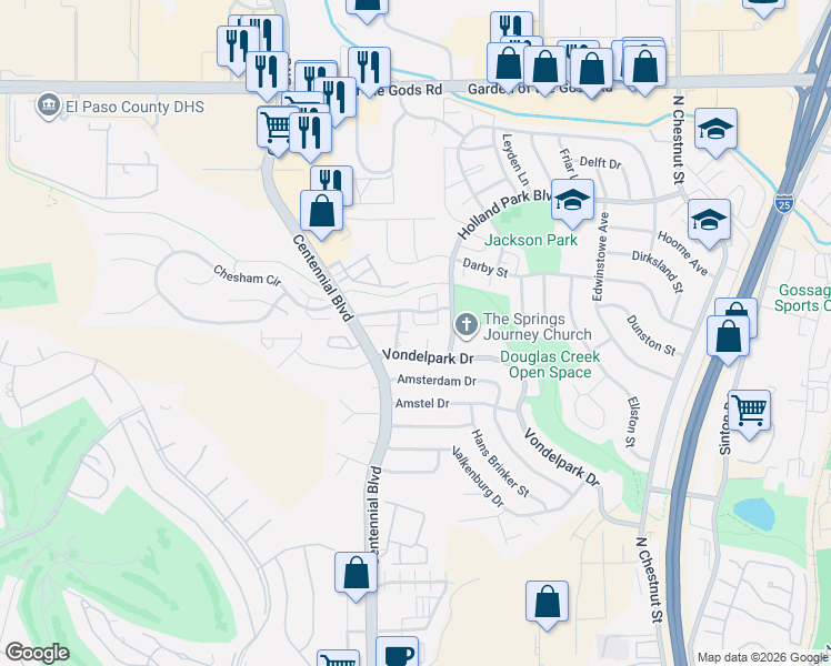 map of restaurants, bars, coffee shops, grocery stores, and more near 3945 Vondelpark Place in Colorado Springs