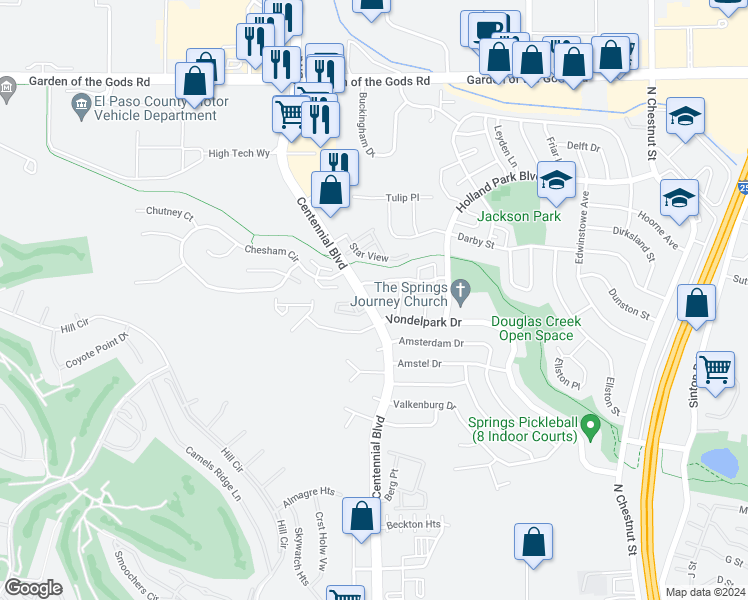 map of restaurants, bars, coffee shops, grocery stores, and more near 3965 Centennial Boulevard in Colorado Springs