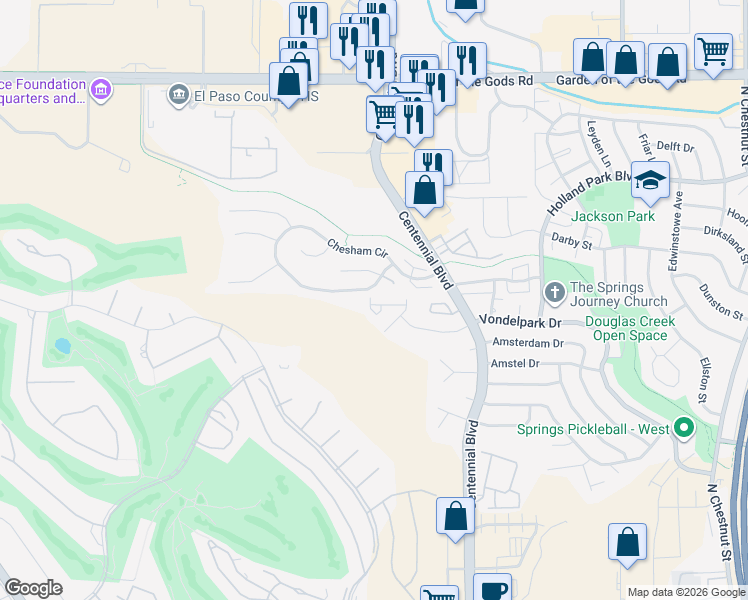 map of restaurants, bars, coffee shops, grocery stores, and more near 1521 Shane Circle in Colorado Springs
