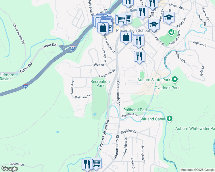 map of restaurants, bars, coffee shops, grocery stores, and more near 123 Recreation Drive in Auburn