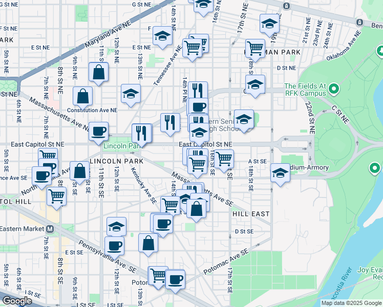 map of restaurants, bars, coffee shops, grocery stores, and more near 101 Independence Avenue Southeast in Washington