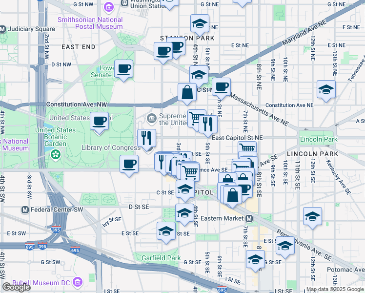 map of restaurants, bars, coffee shops, grocery stores, and more near 101 Independence Avenue Southeast in Washington