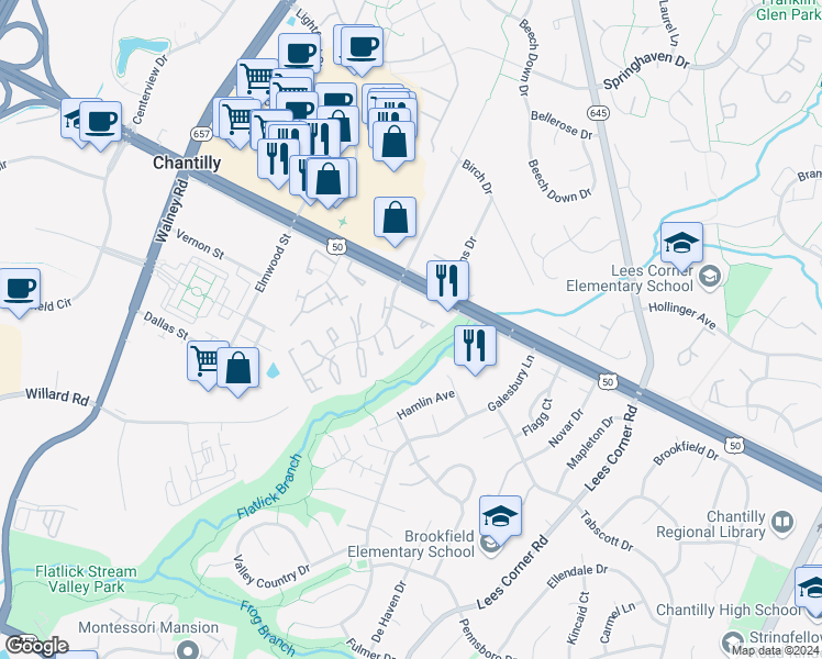 map of restaurants, bars, coffee shops, grocery stores, and more near 13702 Flowing Brook Court in Chantilly