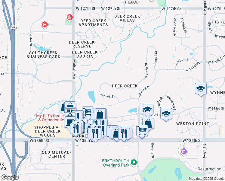 map of restaurants, bars, coffee shops, grocery stores, and more near 6605 West 132nd Street in Leawood
