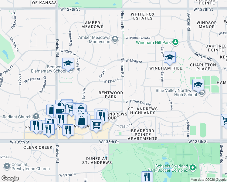 map of restaurants, bars, coffee shops, grocery stores, and more near 13124 King Street in Overland Park