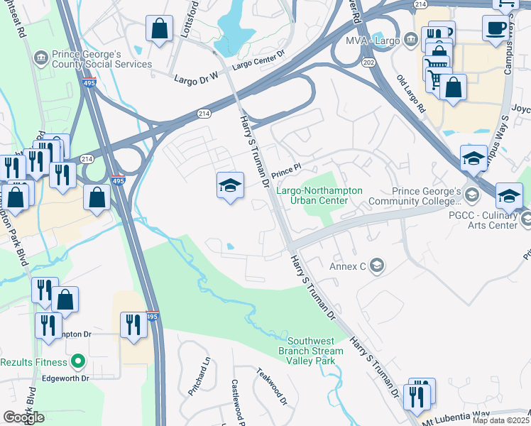 map of restaurants, bars, coffee shops, grocery stores, and more near 67 Harry S Truman Drive in Largo