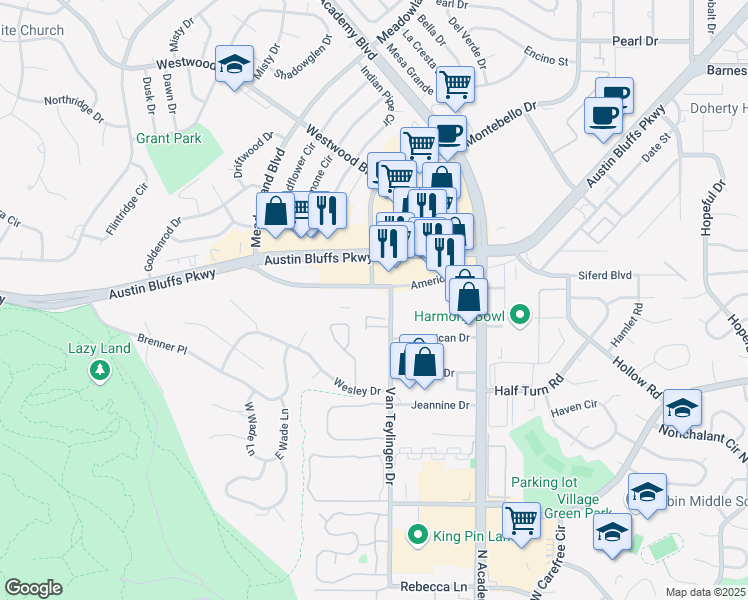 map of restaurants, bars, coffee shops, grocery stores, and more near 3525 American Drive in Colorado Springs