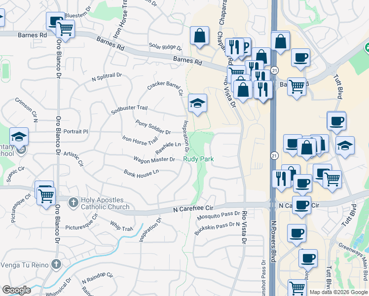 map of restaurants, bars, coffee shops, grocery stores, and more near 3940 Inspiration Drive in Colorado Springs