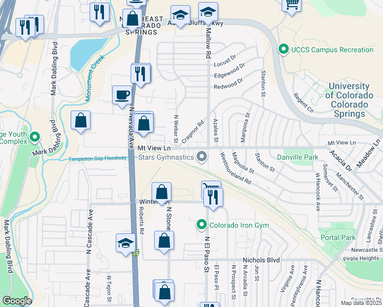 map of restaurants, bars, coffee shops, grocery stores, and more near 309 Mount View Lane in Colorado Springs