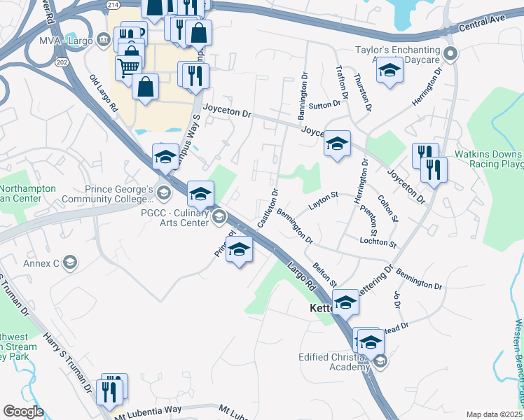 map of restaurants, bars, coffee shops, grocery stores, and more near 214 Castleton Terrace in Upper Marlboro