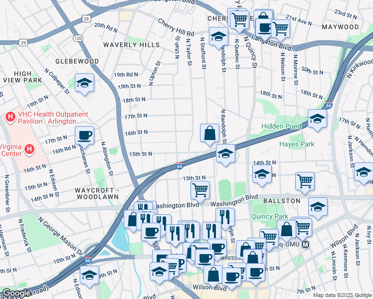 map of restaurants, bars, coffee shops, grocery stores, and more near 4303 15th Street North in Arlington