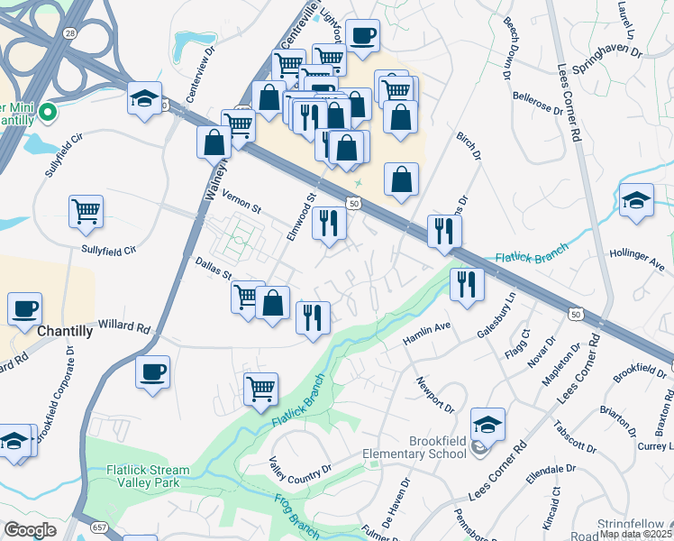 map of restaurants, bars, coffee shops, grocery stores, and more near 4079 Weeping Willow Court in Chantilly