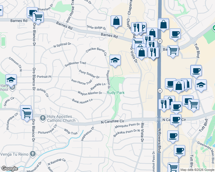 map of restaurants, bars, coffee shops, grocery stores, and more near 3940 Inspiration Drive in Colorado Springs