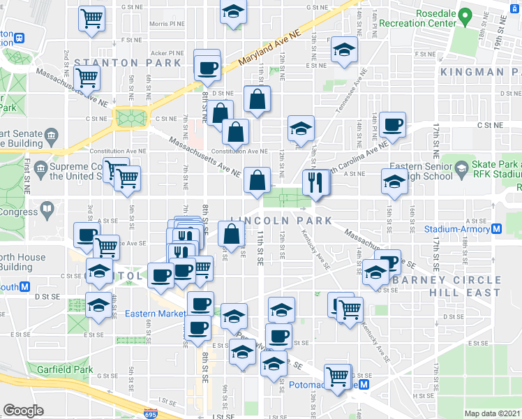 map of restaurants, bars, coffee shops, grocery stores, and more near East Capitol St SE & 11th St SE in Washington