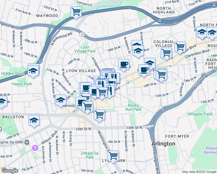 map of restaurants, bars, coffee shops, grocery stores, and more near 2700 Wilson Boulevard in Arlington