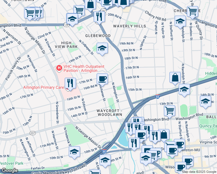 map of restaurants, bars, coffee shops, grocery stores, and more near 4719 16th Street North in Arlington