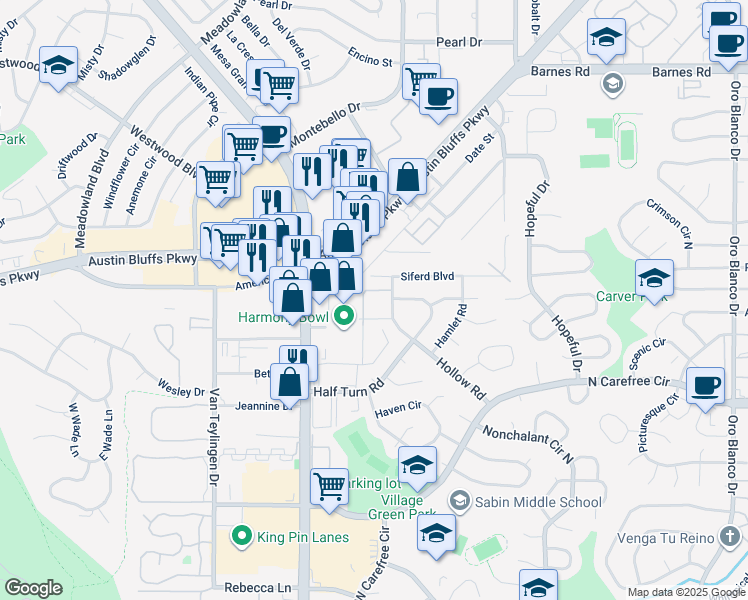 map of restaurants, bars, coffee shops, grocery stores, and more near 3940 Harmony Drive in Colorado Springs