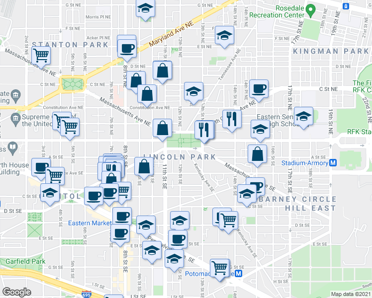 map of restaurants, bars, coffee shops, grocery stores, and more near East Capitol Street Southeast & Kentucky Avenue Southeast in Washington