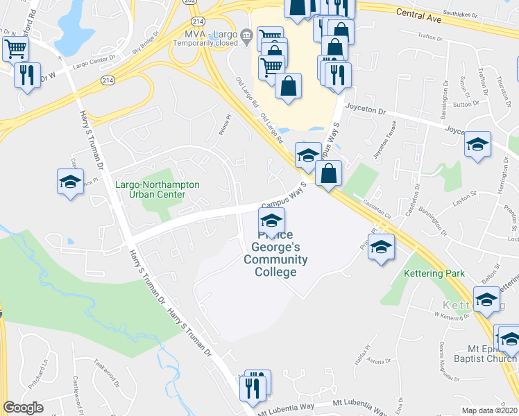 map of restaurants, bars, coffee shops, grocery stores, and more near 10177 Campus Way South in Largo