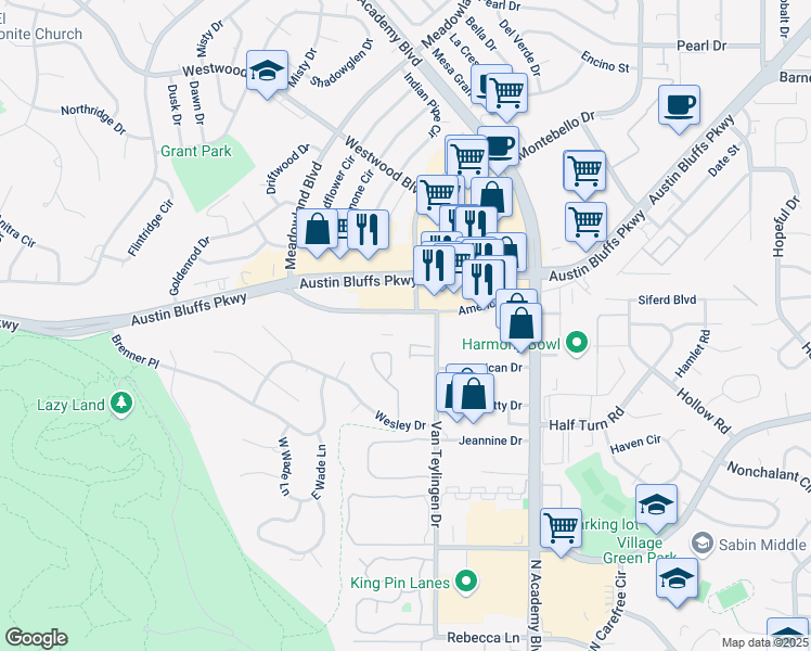 map of restaurants, bars, coffee shops, grocery stores, and more near 3525 American Drive in Colorado Springs