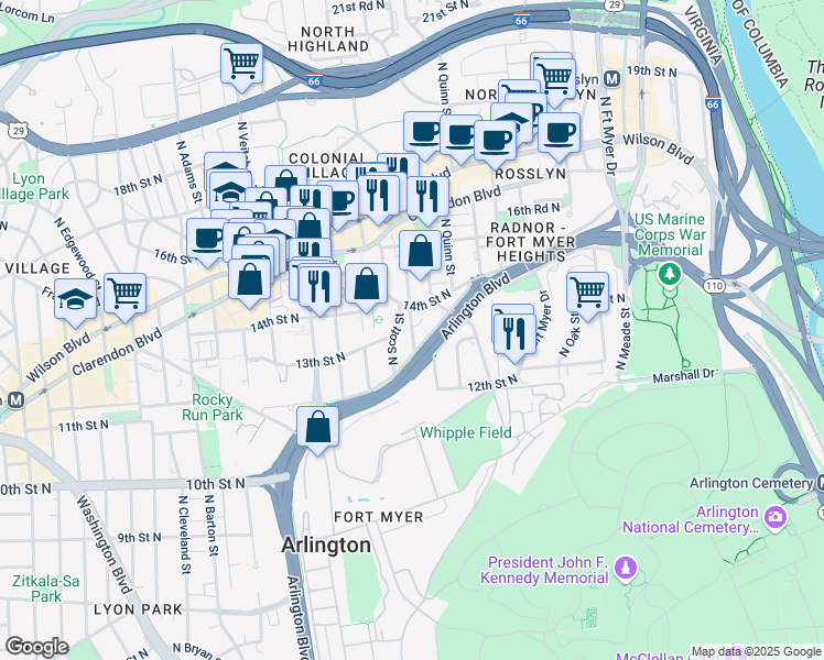 map of restaurants, bars, coffee shops, grocery stores, and more near North Rolfe Street in Arlington