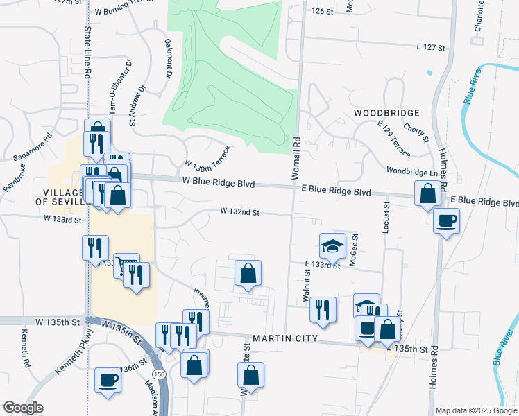 map of restaurants, bars, coffee shops, grocery stores, and more near 108 West 132 Street in Kansas City