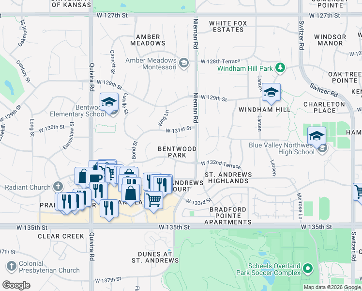 map of restaurants, bars, coffee shops, grocery stores, and more near 13124 King Street in Overland Park