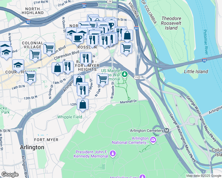 map of restaurants, bars, coffee shops, grocery stores, and more near 1222 North Meade Street in Arlington