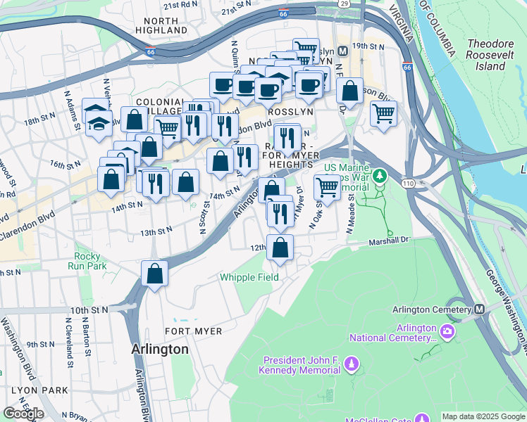 map of restaurants, bars, coffee shops, grocery stores, and more near 1300 North Pierce Street in Arlington