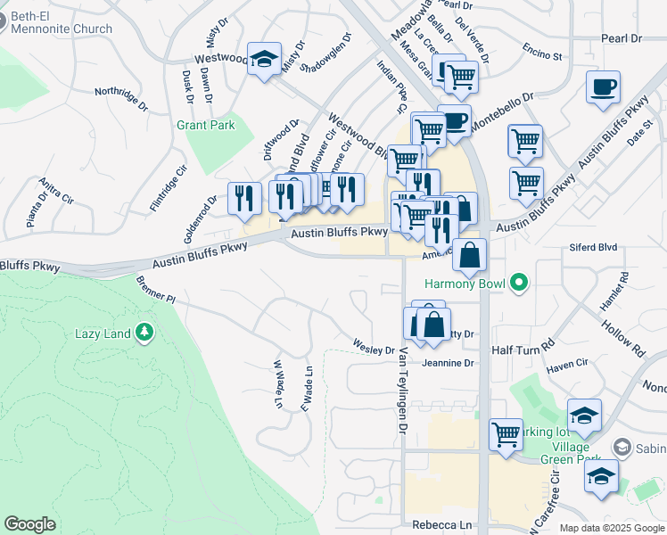 map of restaurants, bars, coffee shops, grocery stores, and more near 3475 American Drive in Colorado Springs