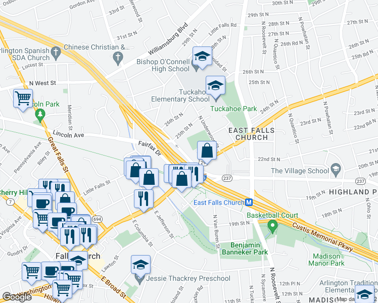 map of restaurants, bars, coffee shops, grocery stores, and more near 6839 Washington Boulevard in Arlington