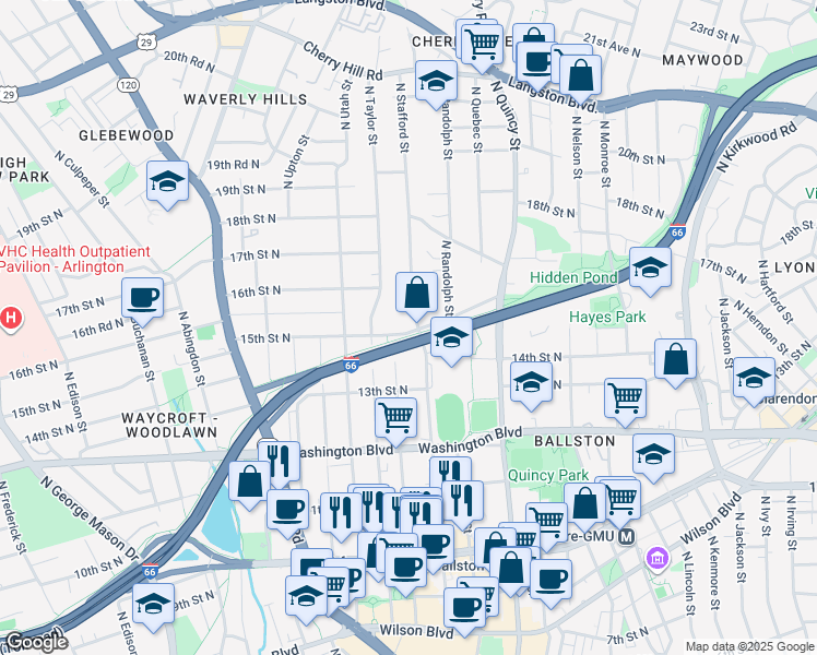 map of restaurants, bars, coffee shops, grocery stores, and more near 4207 15th Street North in Arlington