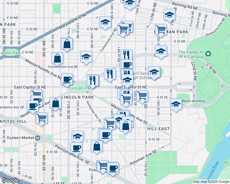 map of restaurants, bars, coffee shops, grocery stores, and more near 101 Independence Avenue Southeast in Washington