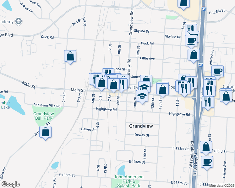 map of restaurants, bars, coffee shops, grocery stores, and more near 801 Main Street in Grandview