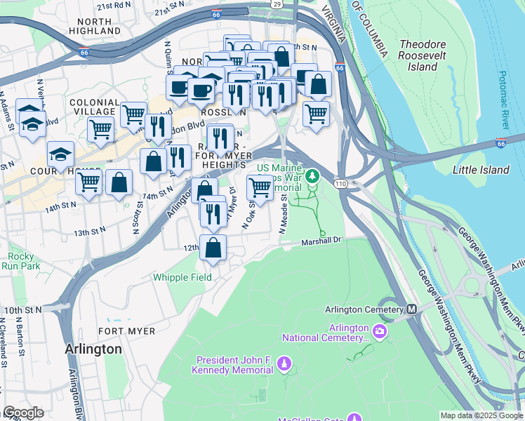 map of restaurants, bars, coffee shops, grocery stores, and more near 1200 North Nash Street in Arlington