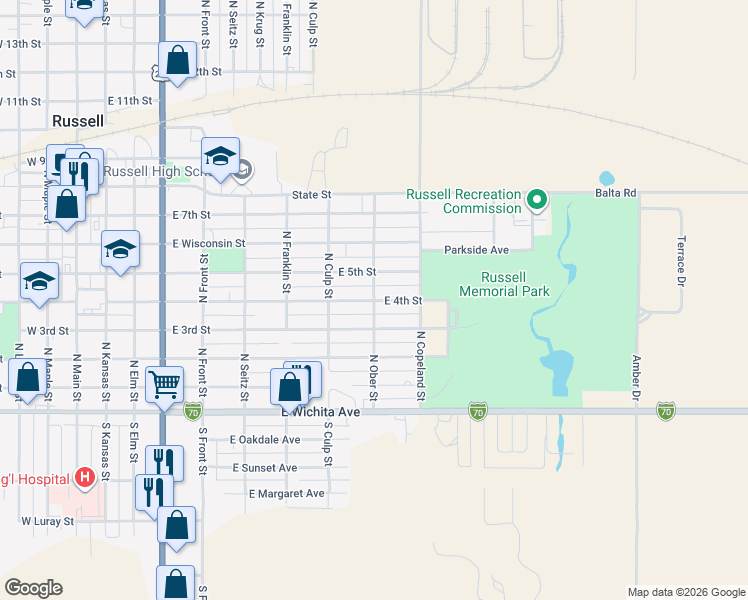 map of restaurants, bars, coffee shops, grocery stores, and more near 898 E 4th St in Russell
