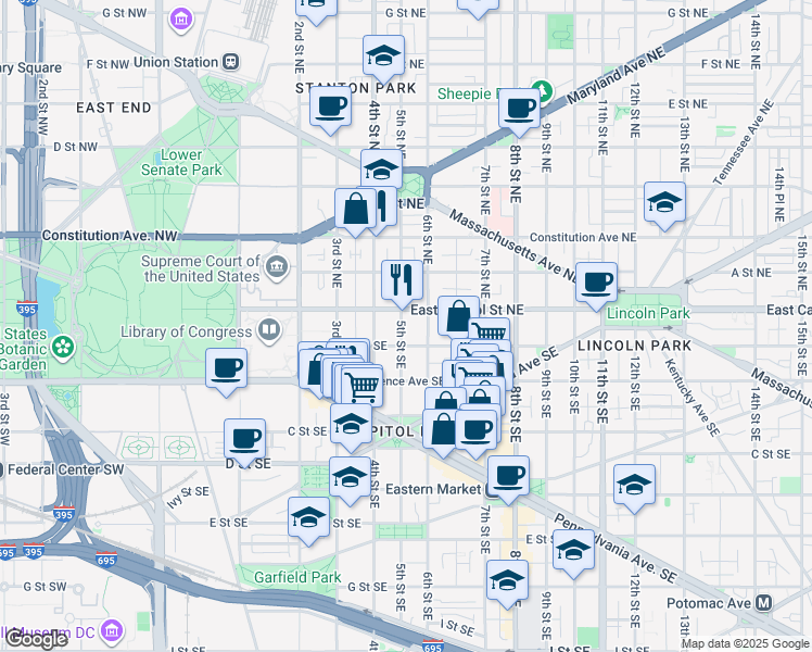map of restaurants, bars, coffee shops, grocery stores, and more near 101 Independence Avenue Southeast in Washington
