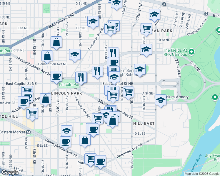 map of restaurants, bars, coffee shops, grocery stores, and more near 101 Independence Avenue Southeast in Washington