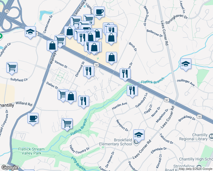 map of restaurants, bars, coffee shops, grocery stores, and more near 4062 Spring Run Court in Chantilly