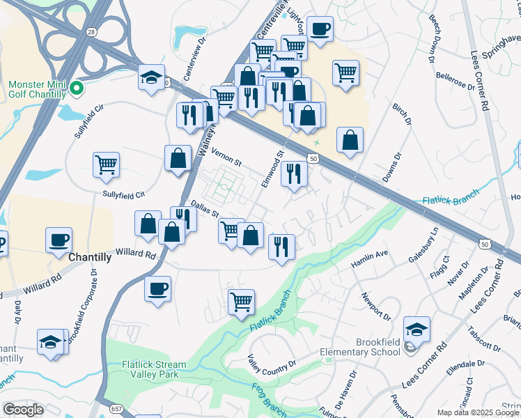 map of restaurants, bars, coffee shops, grocery stores, and more near 13919 Lindendale Lane in Chantilly