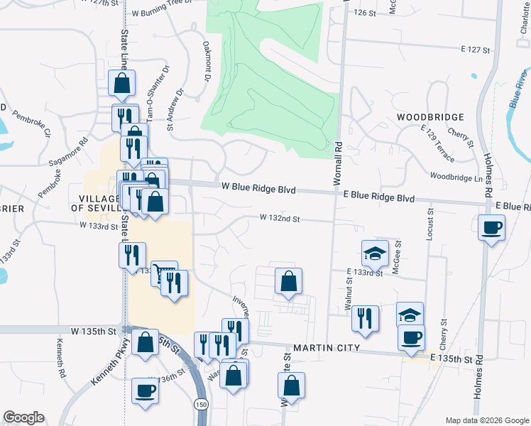 map of restaurants, bars, coffee shops, grocery stores, and more near 217 West 132 Street in Kansas City