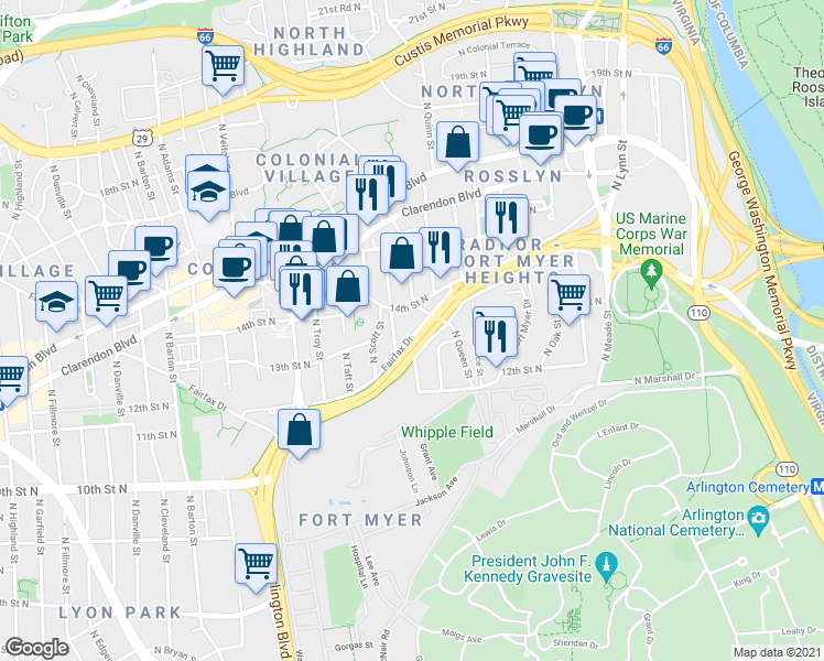 map of restaurants, bars, coffee shops, grocery stores, and more near 1735 N Fairfax Dr in Arlington