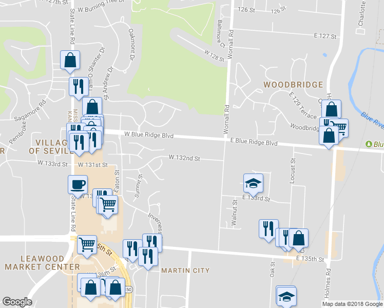 map of restaurants, bars, coffee shops, grocery stores, and more near 200 West 132nd Street in Kansas City