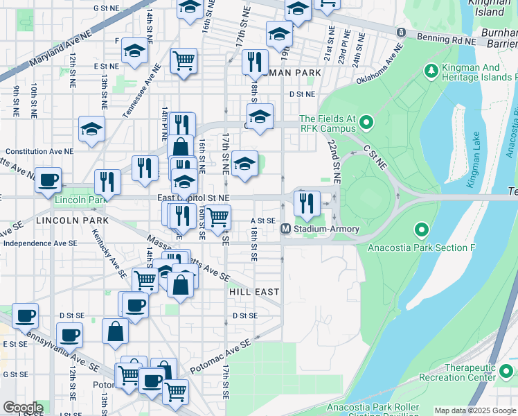 map of restaurants, bars, coffee shops, grocery stores, and more near 101 Independence Avenue Southeast in Washington